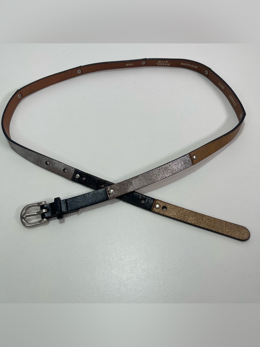 Fossil Leather Belt Patchwork Studded Skinny Women Large Boho Eclectic Festival